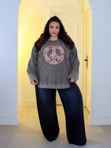 Pretty and Ole Sweat-shirt ample décontracté avec broderie florale, fente ouverte, épaules tombantes, automne, grande taille