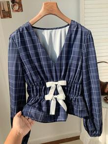 Comfortcana Áo kiểu nữ thường ngày kẻ caro tay phồng đính nơ, thích hợp mặc mùa thu và năm mới. - Màu xanh hải quân - Xem 6