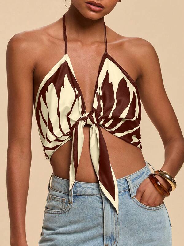 Travachic Woven Print Camisole Contrast Color Retro Fashion Spaghetti Strap Spaghetti Strap Tie-Up Women Tank Top