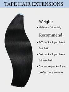 9AM Hair 隐形舒适胶带式接发 20片装 50克 12英寸至24英寸 黑色胶带式接发 真人发 乌黑亮丽 女士运动度假旅行节日适用 - S1 - 查看 4