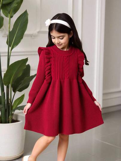 SHEIN 年轻女孩纯色简约日常装圆领长袖毛衣裙