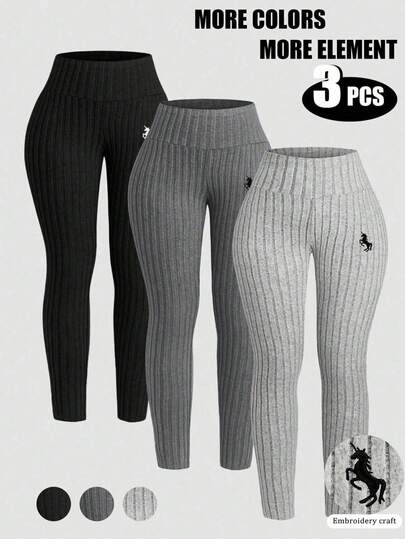 Airaco Set de 3 piezas de leggings casuales de mujer con tela texturizada y bordado de caballo