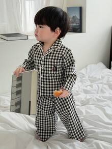 Hapijoa 男嬰圓領素色休閒T恤與條紋休閒長褲睡衣 春季幼兒 - 黑與白 - 查看 4