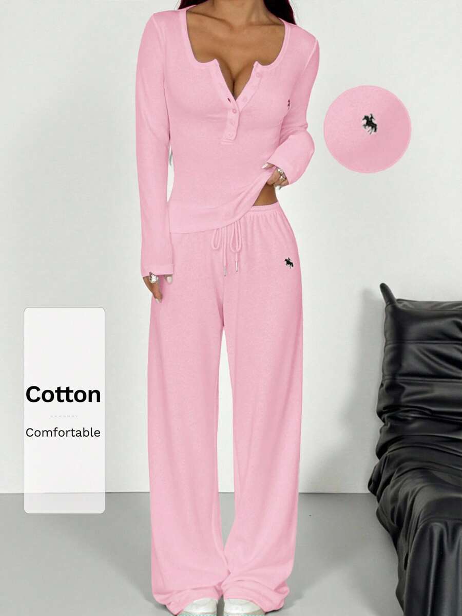 SHEIN EZwear Bộ đồ thường ngày thường ngày cho nữ, áo thun và quần dài dệt kim cài nút họa tiết ngựa nửa kín đáo màu hồng - Hồng - Xem 1