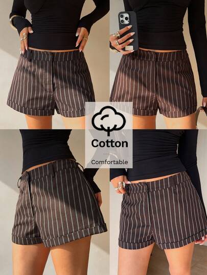 Siren Gaze 棕色细条纹修身短裤，女士商务休闲短裤，条纹休闲短裤，低腰短裤，返校季，通勤，时尚，四季皆宜，棕色条纹短裤，女士短裤，优雅夏季短裤