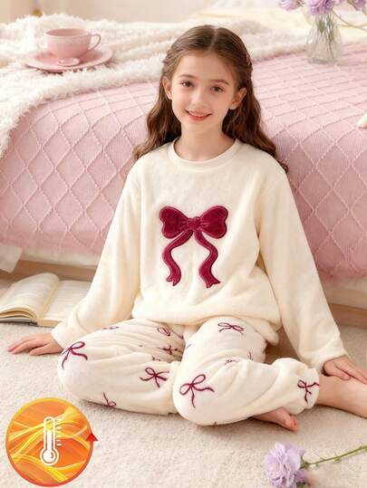 1 Set Merry Christmas Girl Pajamas - Burgundy Plush Bow & Cream Embroidered Long Sleeve Top, Bow Decor Plush Pants. Soft Knit Fabric, Comfortable Fit, Machine Washable. Sold Separately In Sets Of 3