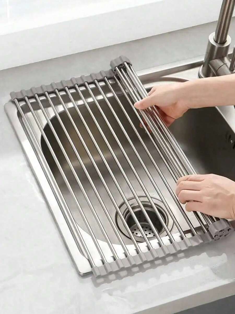 一体式不锈钢卷帘式沥水架 - 节省空间的水槽上方设计，多功能沥水架，便携式卷帘架，水槽垫，易于收纳，防锈耐用，厨房好帮手 - 彩色 - 查看 1