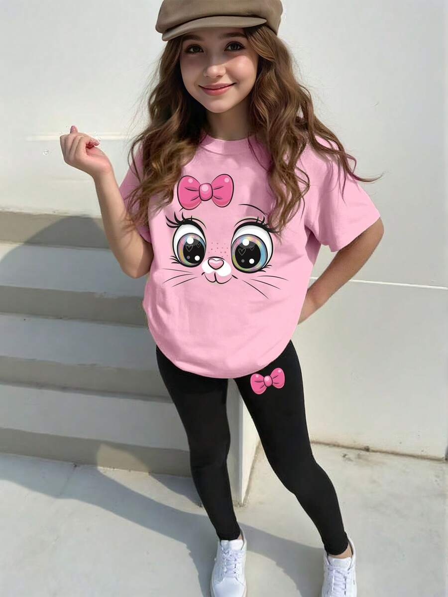 Elladie kids Bộ 2 món áo thun tay ngắn in hình mèo hoạt hình và động vật dễ thương cho bé gái mới biết đi - Nhiều màu - Xem 1