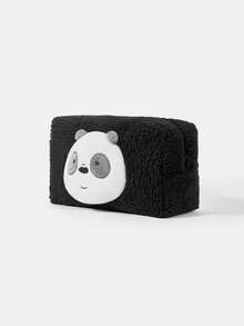 We Bare Bears X SHEIN 1个黑色毛绒时尚便携大容量化妆包 - 黑色 - 查看 7