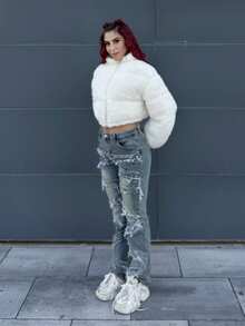 Bearsaez Jaket Puffer Pendek Kasual Wanita Warna Polos Bahan Bulu Imitasi, Musim Dingin - Krem - View 6