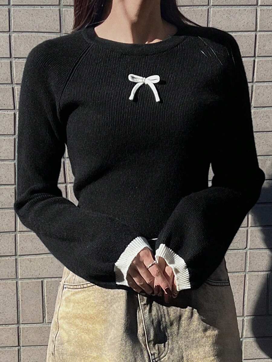 FRIFUL Women's Color Block Bow Cuff Crew Neck Long Sleeve Fitted Slim Pullover Sweater, Versatile For Autumn/Winter