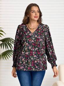 EMERY ROSE Plus Size Women's Casual Ditsy Floral V-Neck Lantern Sleeve Loose Blouse, Spring/Autumn - Navy Blue - View 3