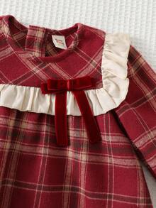 Cozy Pixies 女婴撞色蝴蝶结荷叶边领长袖连衣裙，加厚保暖内衬，红色格子连衣裙，适合冬季、圣诞节、新年、外出等场合 - 紅色 - 查看 4