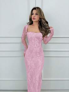 Jemour Váy bó sát tay dài ren chữ S gợi cảm mới cho nữ có corset và cổ vuông cho tiệc tùng, hẹn hò, buổi tối, màu đen, mùa thu/đông - Màu Hồng baby - Xem 4