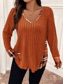 EMERY ROSE Plus Size V-Neck Contrast Plaid Long Sleeve Ribbed T-Shirt, Top For Spring - Orange - View 3