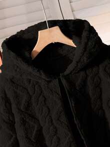 Tween Girls Casual All-Match Versatile Daily School Cable Knit Striped Fuzzy Collar Open Front Mid-Length Autumn/Winter Jacket - Black - View 7