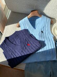 Comfortcana 女士休闲多色百搭刺绣针织背心，蓝色拼接毛衣背心，适合秋冬季穿着 - 彩色 - 查看 3