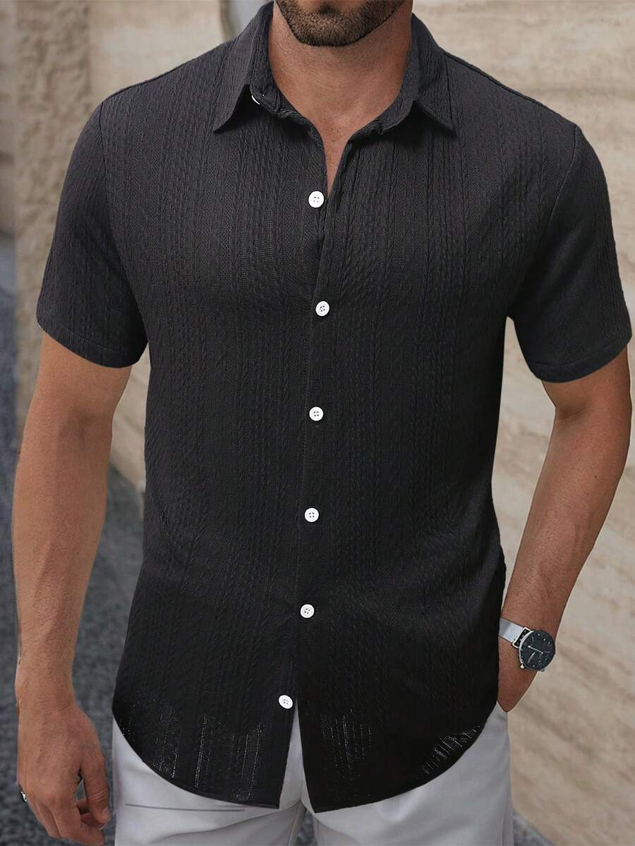 Manfinity Homme Men's Casual Solid Color Textured Short Sleeve Shirt, Summer, Formal - Black - View 1