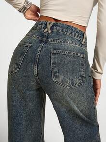 SHEIN PETITE Petite LOW WAIST CASUAL STYLE DENIM STRAIGHT - Medium Wash - View 2