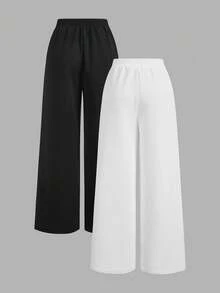 SHEIN EZwear 2 件套女士休闲纯色阔腿运动裤 - 黑與白 - 查看 2