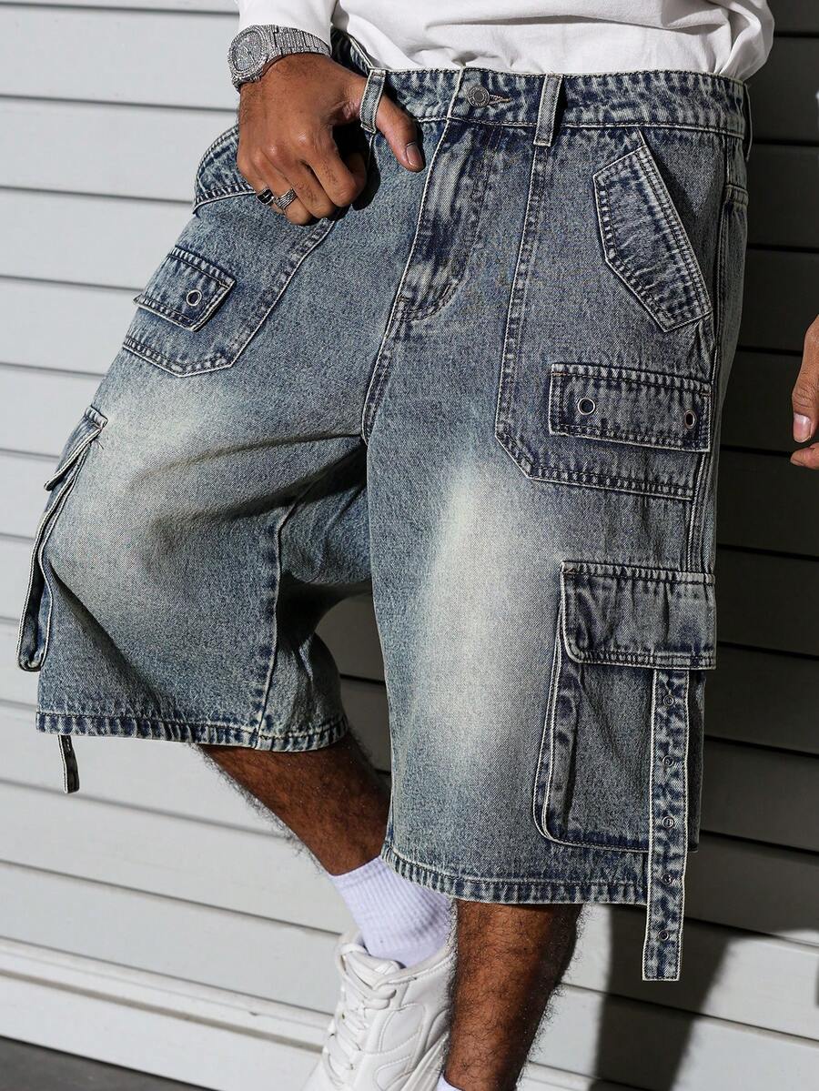 Manfinity EMRG Vintage Washed Loose Cargo Pants With Multiple Pockets, Versatile And Men's Denim Cargo Jorts - Medium Wash - View 1