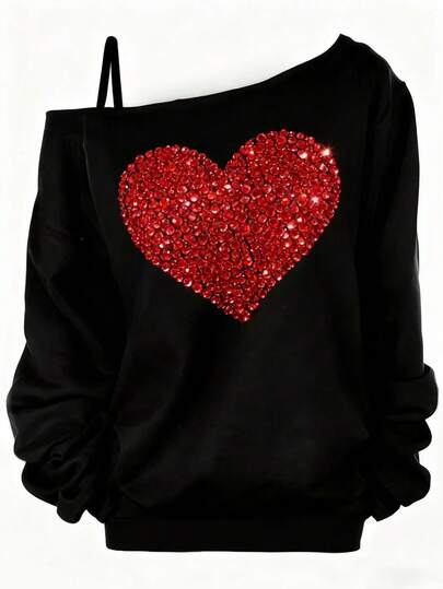 EMERY ROSE Sudadera elegante y versátil de talla grande con estampado de corazón y cuello asimétrico, para el Día de San Valentín