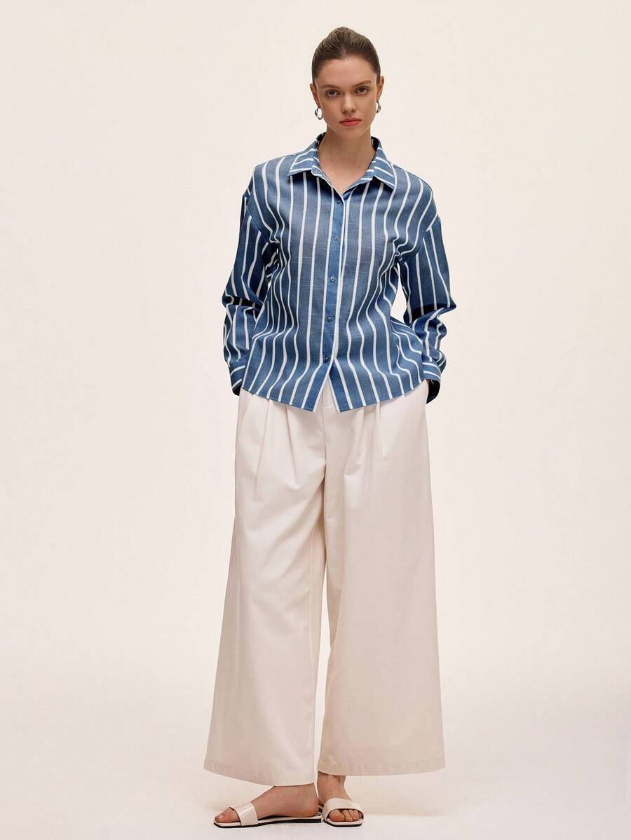 Almamuse Áo sơ mi sọc xanh trắng dành cho nữ, thoải mái khi đi làm và mặc thường ngày, mùa xuân/hè - Màu xanh lam - Xem 1