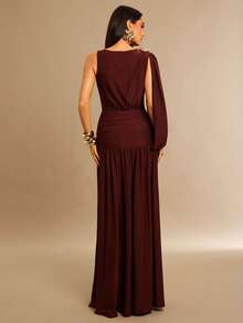 Silquee Burgundy Elegant Summer Dining Dress,Metallic-Embellished A-Line Stretch Knit Pleated Maxi,Draped Sleeve Flowing Gown For Party Bridesmaid Valentine - Coffee - View 2