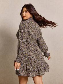 Elaquor Plus Size Casual Ditsy Floral Stand Collar Dress, Autumn Plus Size Boho Dress Ditsy Floral Dress Plus Size Winter Dresses, Casual Outfits For Women - Multicolor - View 2