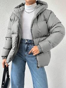 EURMUSE 女式纯色长袖拉链前开式休闲连帽冬季夹克 - 灰色 - 查看 3
