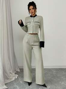 Selianne Women's Contrast Color Long Sleeve Single-Breasted Jacket And Pants Elegant Suit - Light Grey - View 5
