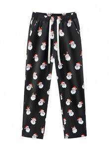 Manfinity Homme Quần đi biển ống đứng rộng rãi họa tiết Giáng sinh có dây rút eo dành cho nam - màu đen - Xem 3