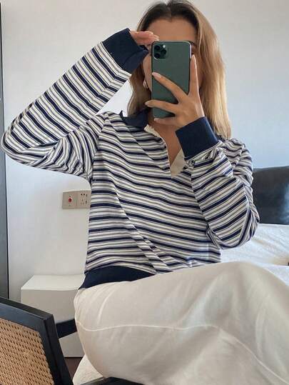 DAZY Women's Casual Loose Fit Color Block Striped Long Sleeve Collared Sweatshirt, Street Style For Autumn/Winter
