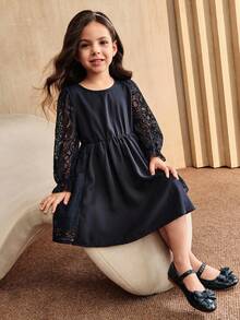 SHEIN Girls Blue Long Sleeve Lace Dress,Mommy And Me Matching Outfits,Black Autumn Traditional Wedding Solid Color Fashionable High-End Outfits(2 Pcs Sold) - Blue - View 7