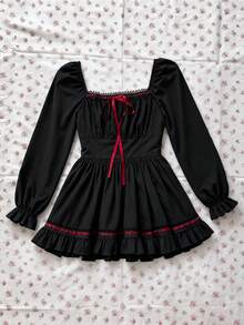 Sunspun Plus Size Vintage Square Collar Front Tie Waist Long Sleeve Shirt - Black - View 1