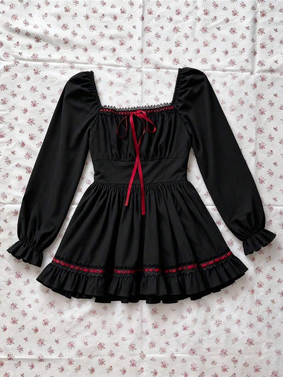 Sunspun Plus Size Vintage Square Collar Front Tie Waist Long Sleeve Shirt - Black - View 1