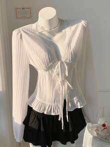 Comfortcana 女士休闲度假风纯色纹理面料V领前系带娃娃衫，春夏秋季新年女士白色长袖衬衫，白色衬衫 - 白色 - 查看 3