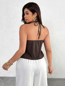 Plus Size Women's Y2K Solid Color Metal Decor Ruched Halter Neck Camisole Brown - Coffee Brown - View 8