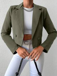 SHEIN Cottnline Women's Solid Color Long Sleeve Two-Button Short Casual Blazer - Army Green - View 4