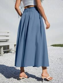 Siren Gaze 夏季女士服装休闲 A 字形亚麻中长裙，适合夏季海滩高腰宽松 - 藍色 - 查看 5