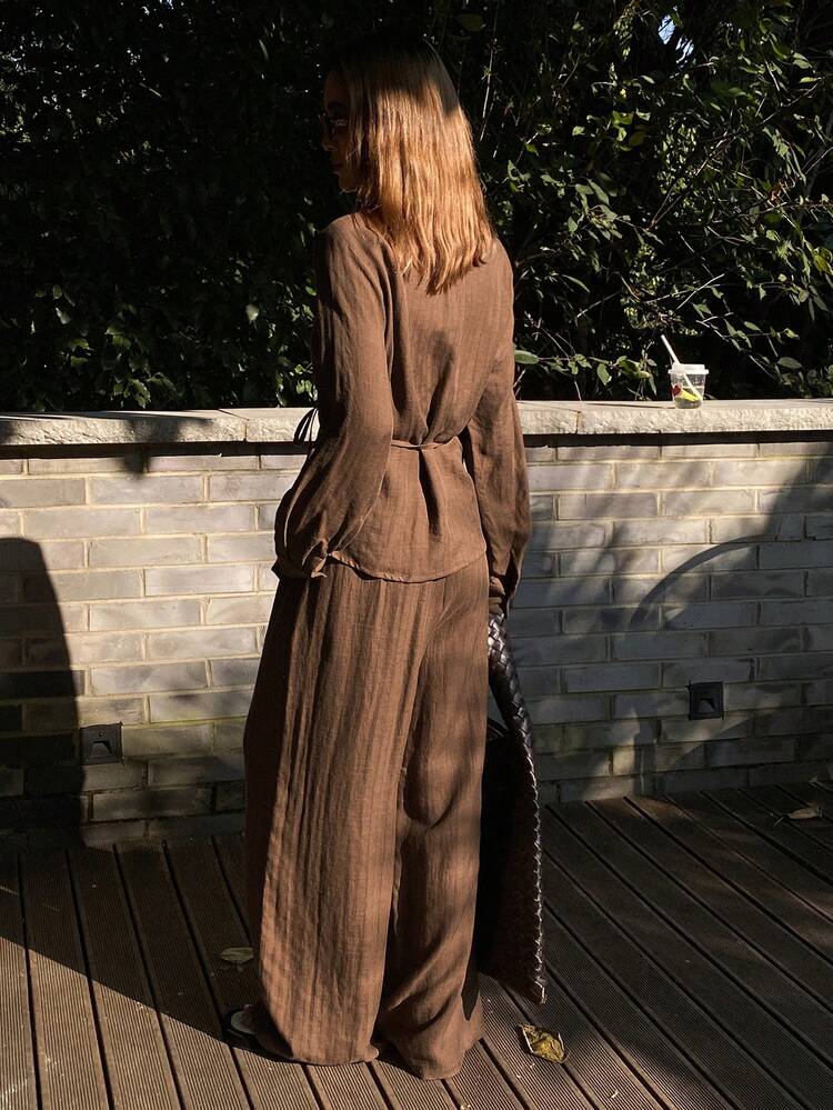 Women's Casual Tie-Up Wrap Shirt And Pants 2 Pieces Set, Autumn