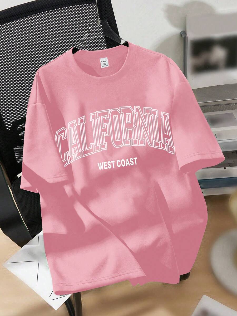 SHEIN Teen Girl Summer Casual Letter Print Drop Shoulder Loose T-Shirt - Baby Pink - View 1