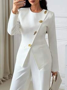 EURMUSE Waist Fitted White Blazer With Gold Button Detail