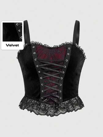 Goth Top De Cultivo Sexy Y Ceñido Para Mujer Con Encaje De Malla De Tela De Araña Gótico Y Terciopelo