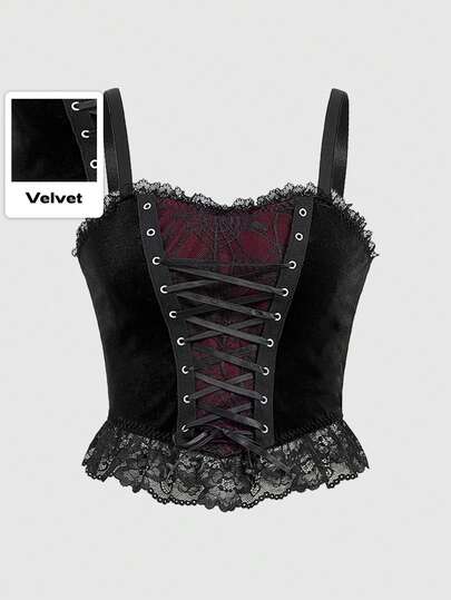 ROMWE Goth Top De Cultivo Sexy Y Ceñido Para Mujer Con Encaje De Malla De Tela De Araña Gótico Y Terciopelo