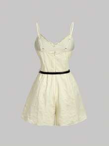SHEIN MOD Eleganter Vintage-Jumpsuit für Damen mit Spitzenbesatz, Sommer-Party-Outfit, modisch in Creme und Buttergelb für Urlaub und Feiertage, Neujahrs-Outfit - Gänsegelb - Übersicht 3