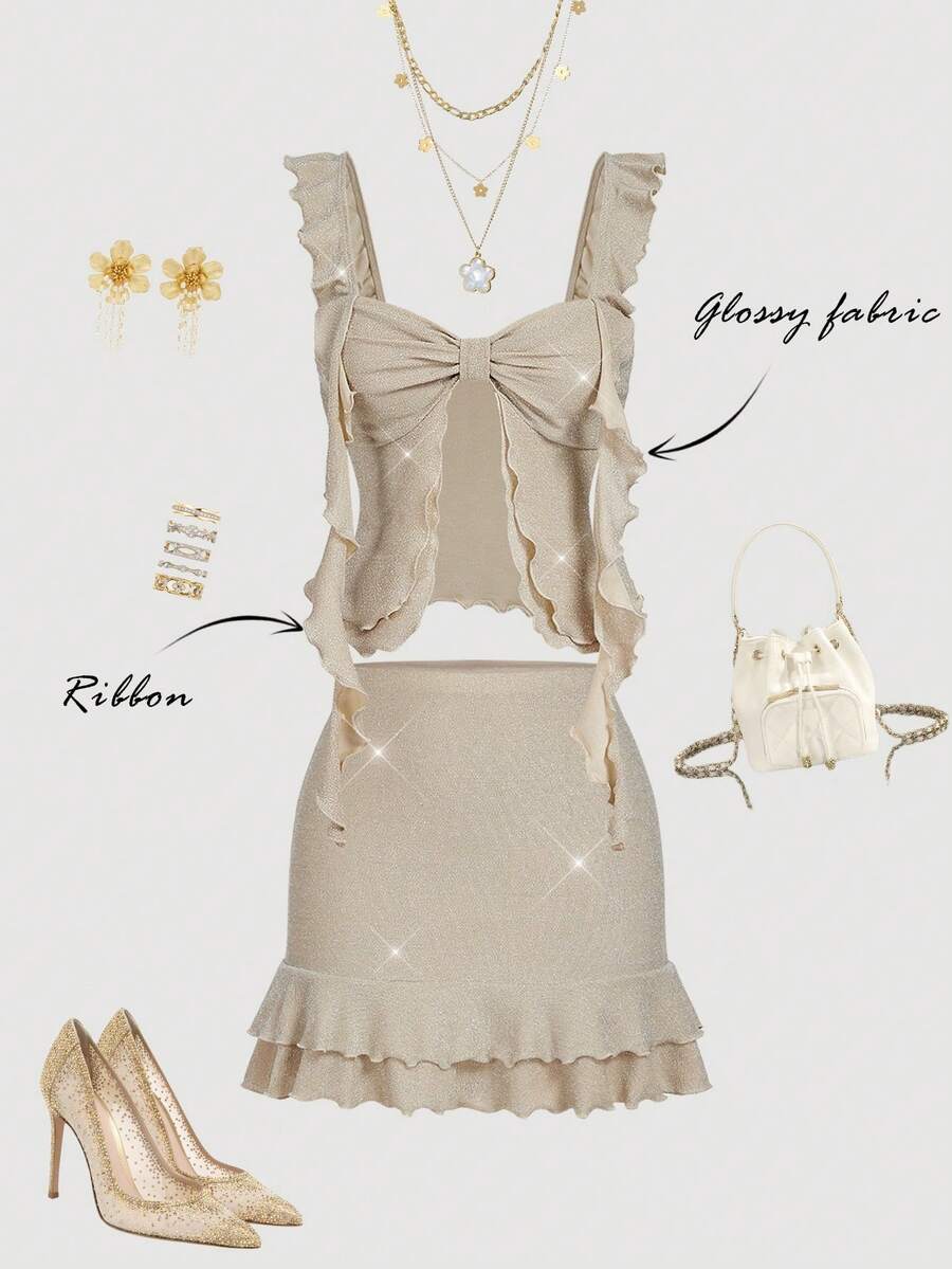 SHEIN MOD Women's Elegant Glitter Ruffle Hem Camisole & Mini Skirt 2 Pieces Set, Summer, , Dress, , Clothes, New Year Clothes, Party 2 Pieces Set, Wedding Guest Party Dress, Beach Outfits For Women, Chic Evening 2 Pieces Set, Sparkle Outfit, Sequin, Shiny Set, Going Out Outfit, Elegant Women's Set, Beach Fashion, Wedding Party Dress - Apricot - View 1