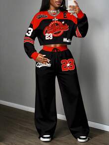 Slaydiva 大码女式数字印花圆领落肩长袖短款运动衫和阔腿裤休闲两件套 - 彩色 - 查看 3