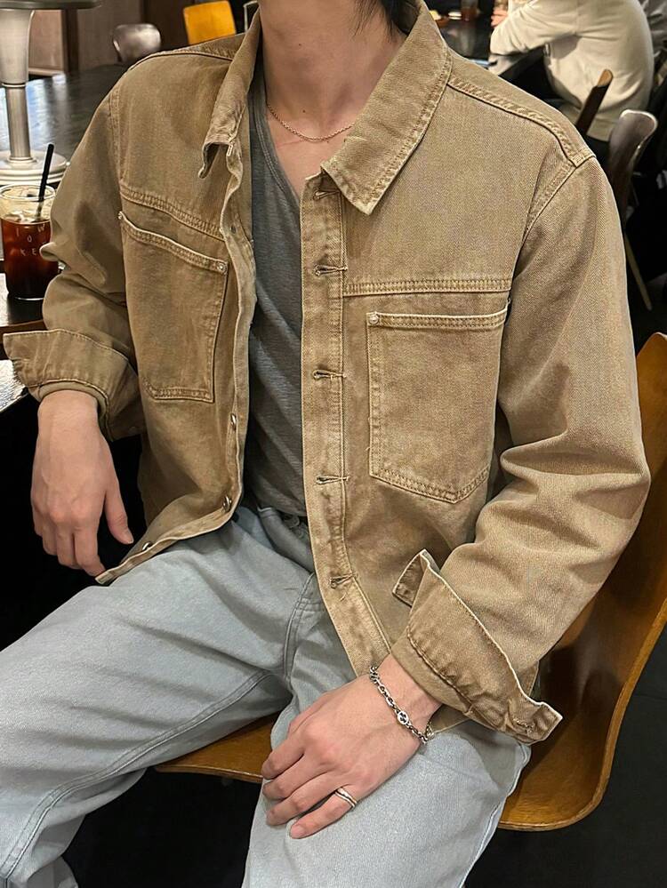 Men's Casual Fashion Street Daily Versatile Patchwork Pocket Denim Jacket, Spring/Autumn