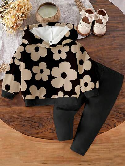 1 Set Baby Girls Casual Chic Floral Print Hoodie Sweatshirt And Knit Leggings Outfit, Suitable For Outings, Sports And Leisure Wear, Autumn/Winter